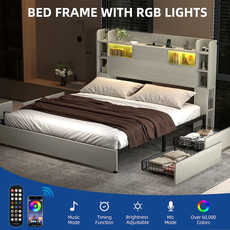 Moasis LED Bed Frame with Bookcase Headboard, 4 Storage Drawers and Type-C USB Charging Station
