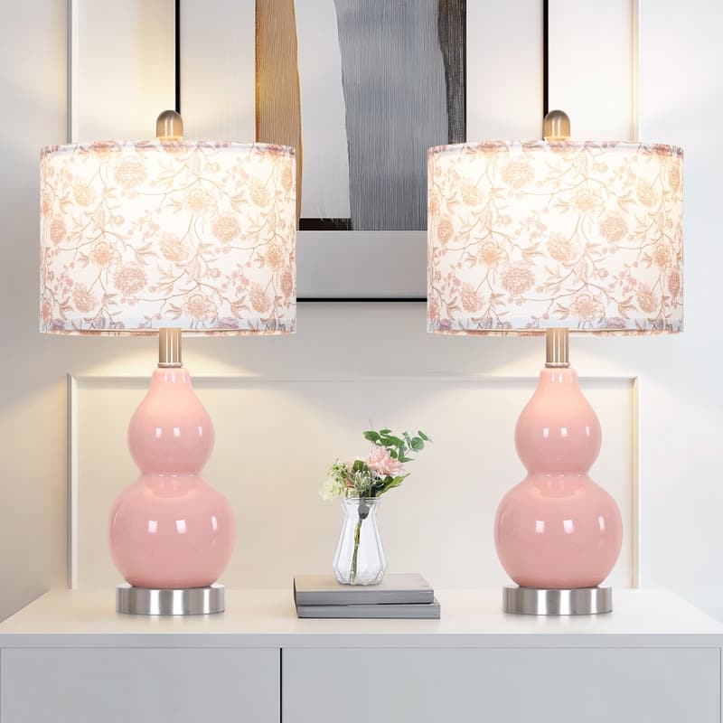 22'' Table Lamps, Pink Ceramic Fixture 2-Way Rotary Switch Floral Print Shade(Set of 2) - 11'' x 11'' x 22''