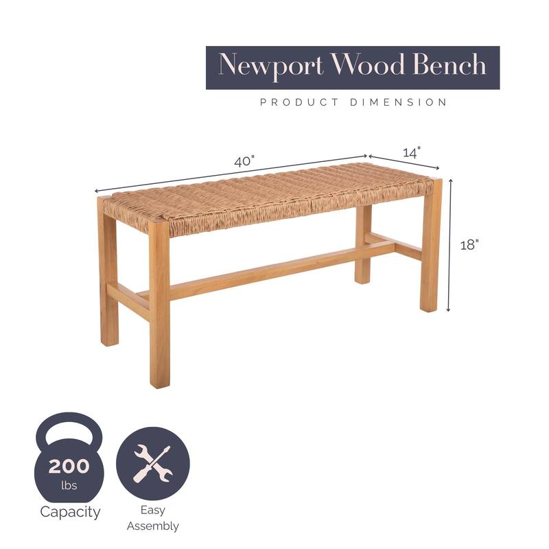 Alaterre Furniture Newport Wooden Entryway Bench - 40" Indoor Bedroom Bench with Handcrafted Woven Rope Seat