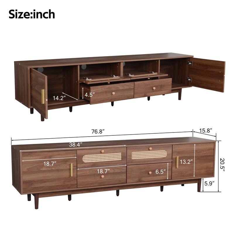 Modern Stylish Rattan TV Stand for TVs up to 85" with 2 Drawers and 2 Pull-down Cabinet Doors, for Living Rooms and Bedrooms