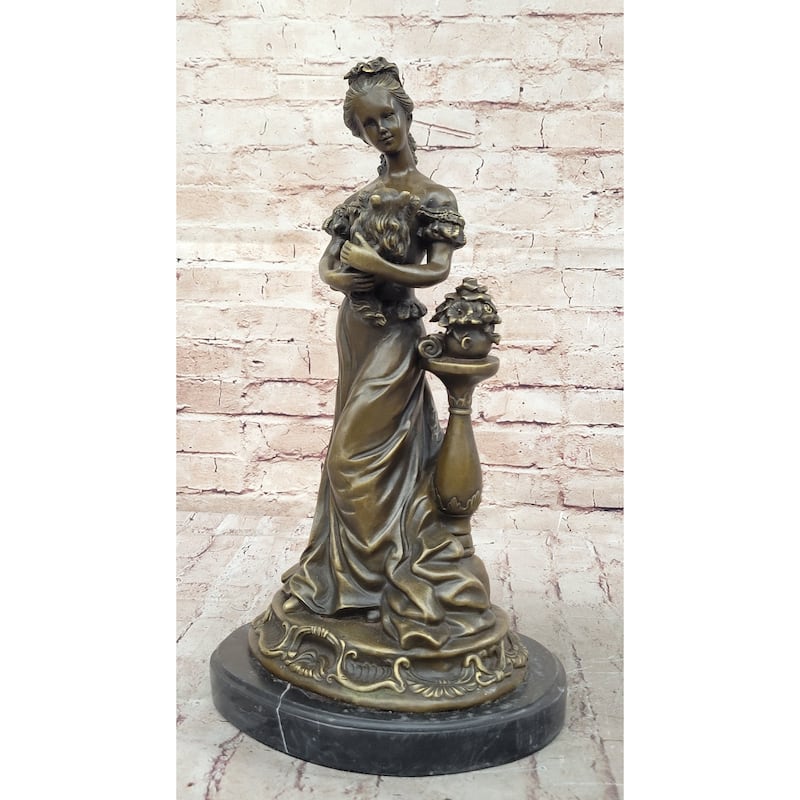 Victorian Edwardian Era European Young Woman Holding Puppy Imitative Dog - Bronze Sculpture By Milo