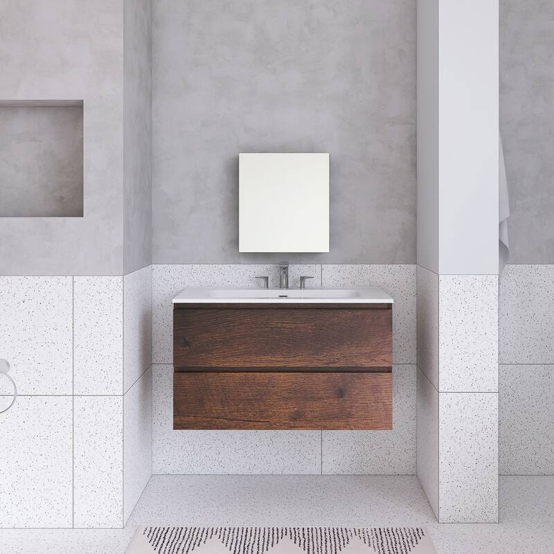 Floating Integrated Bathroom Vanity with Ceramic Sink, Three Faucet Holes