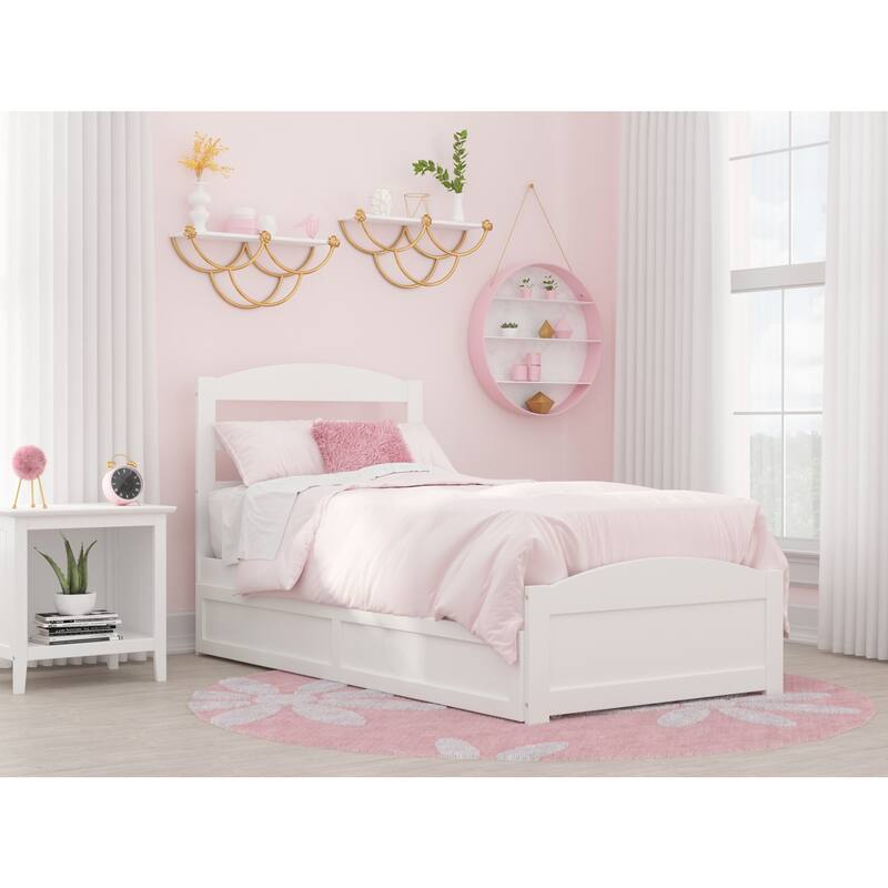 Twin Size Bed With Trundle & USB Port, Elegant Platform Bed Frame, White Finish, Slat Included