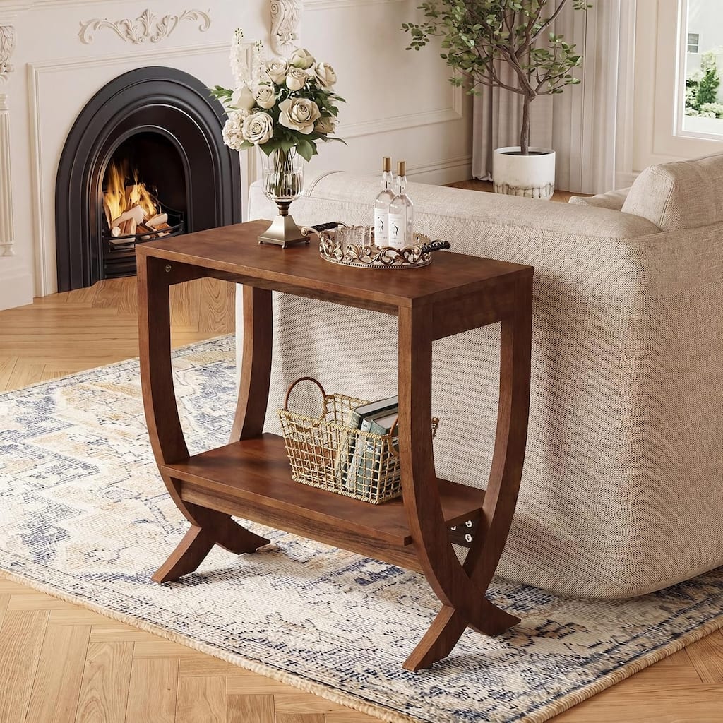 Solid Wood End Tables for Living Room, 2-Tier Small Narrow Couch Side Table with Arched Legs - 23.6"W × 11.8"D × 23.6"H