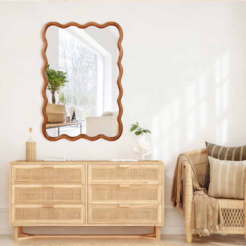 GDFStudio - Liorra Modern Artistic Wavy Rectangular Solid Wood Decorative Wall Mirror with Organic Flow Design