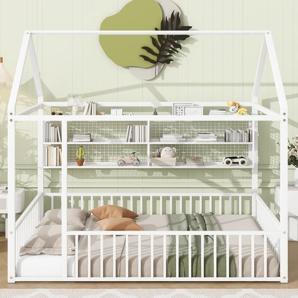 slide 2 of 11, Full Size Metal House Bed Frame with Fence and Shelves, White White
