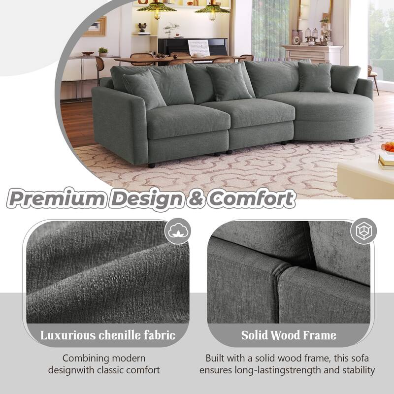 Curved Chaise Sectional Sofa, 105" 3-Piece Chenille Fabric Modular Couch with 3 Accent Pillows