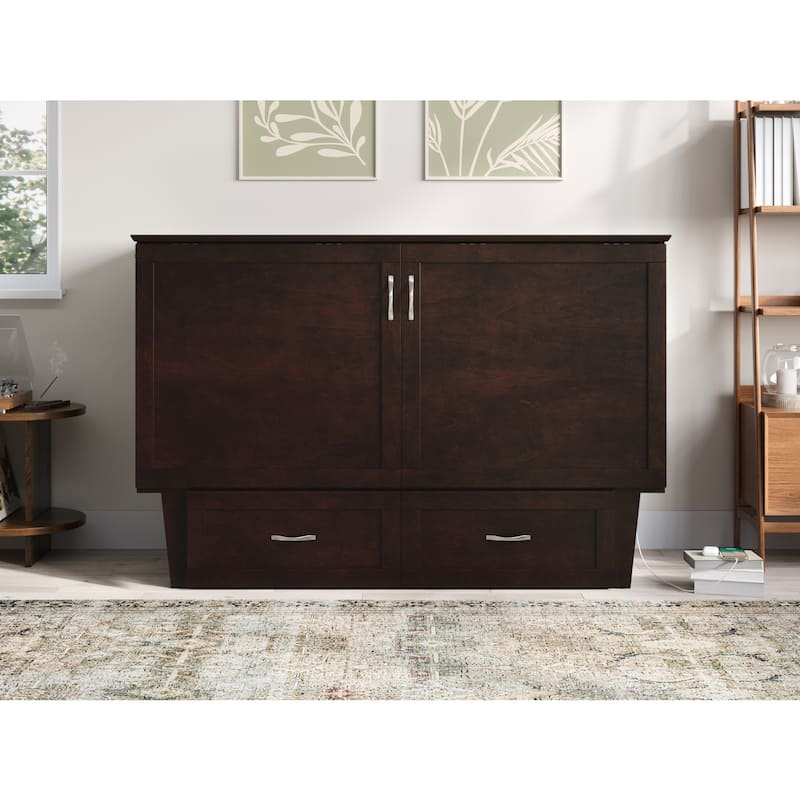 Mid-Century Modern Queen Solid Wood Murphy Bed Chest with Mattress