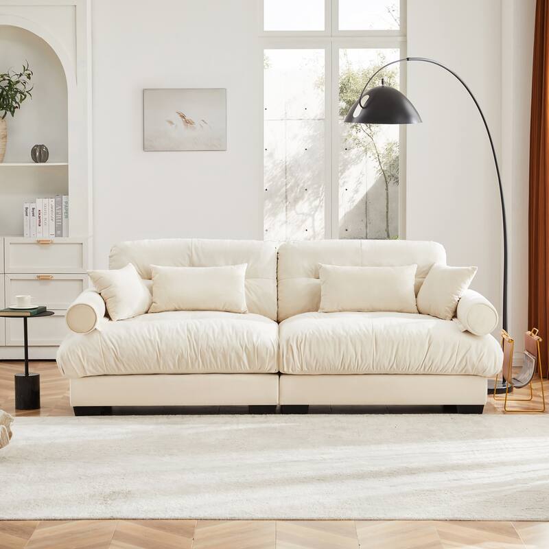 Modern Sectional Couch Comfortable Upholstered Sofa Set with Lumbar Pillow and Throw Pillow for Living Room - 2 Seats - Cream