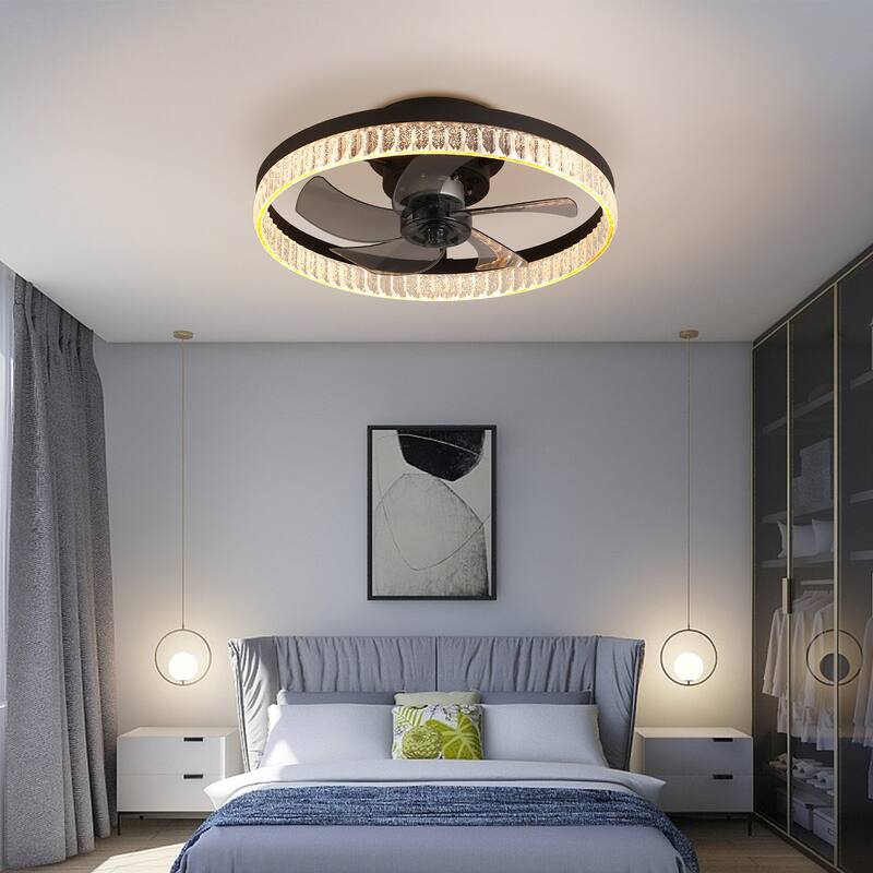 20" Brown Ceiling Fan with LED Light - Modern Flush Mount Fan Light for Bedroom, Living Room