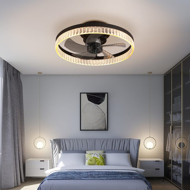 Crystal Ring Design Ceiling Fan with LED Light, 20" Flush Mount Ceiling Fan Fandelier with Remote Control, 6 Speeds