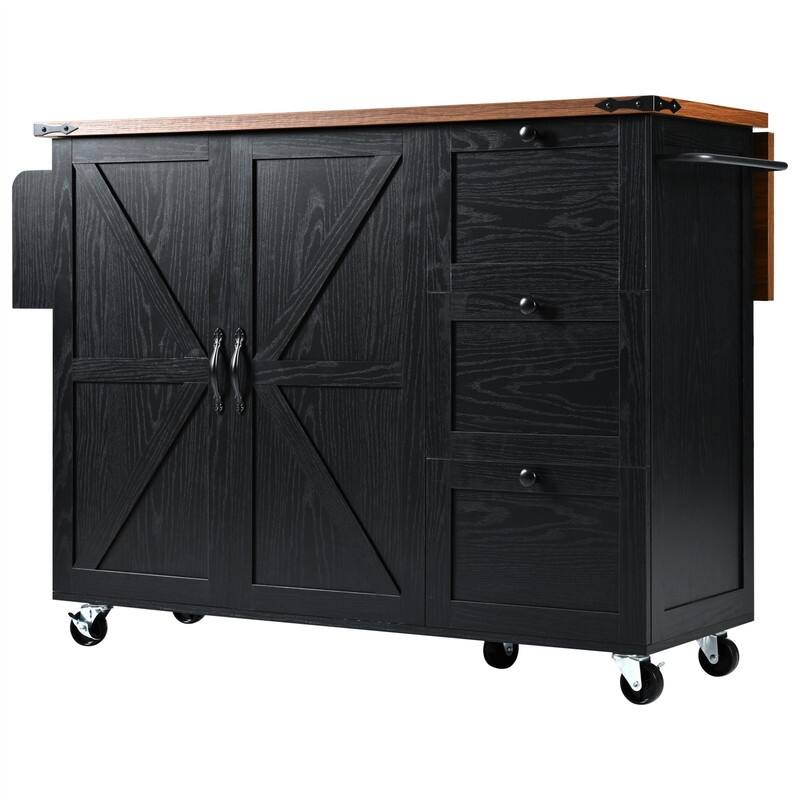 Farmhouse Kitchen Island with Power Outlet, Rolling Kitchen Cart on Wheels with Internal Storage Rack, Drop Leaf, Spice Rack