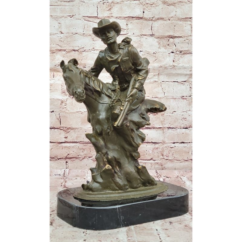 Cowboy With Rifle On Rearing Imitative Horse Bronze Sculpture - Wild West Equestrian Art