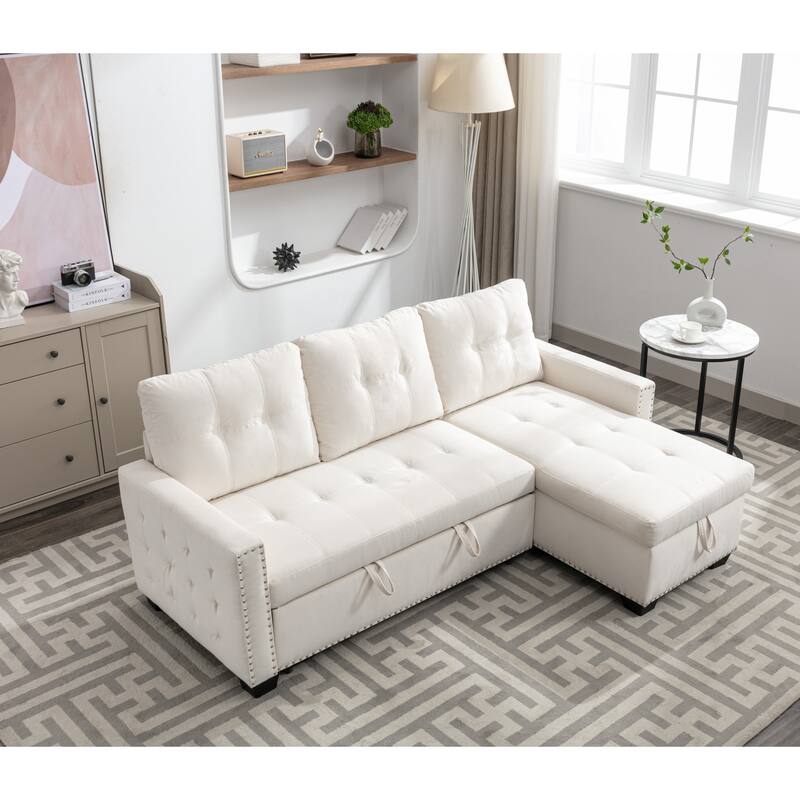 77 Inch Reversible Sectional Sleeper Sofa, 2 Seats with Storage Chaise, Beige Velvet
