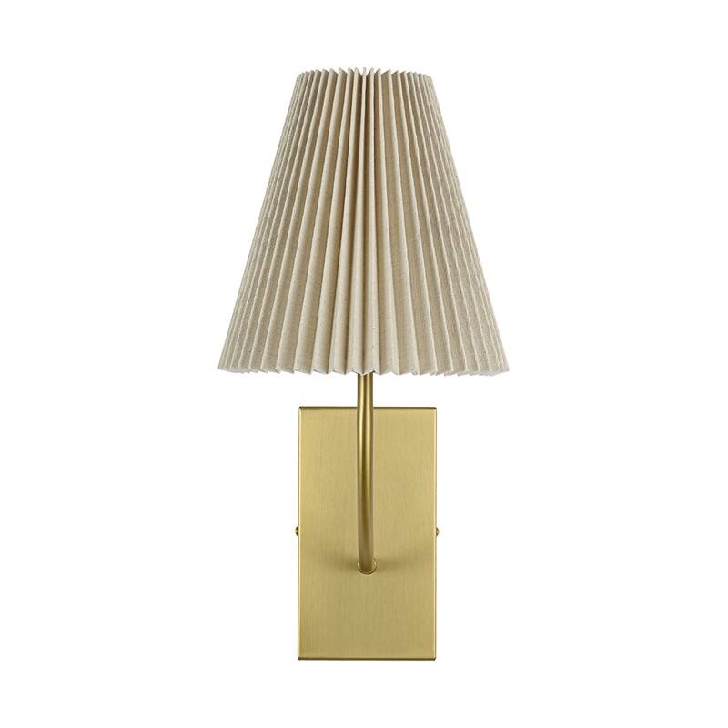 Mid-Century 1-Light Pleated Ivory Fabric Armed Wall Sconce