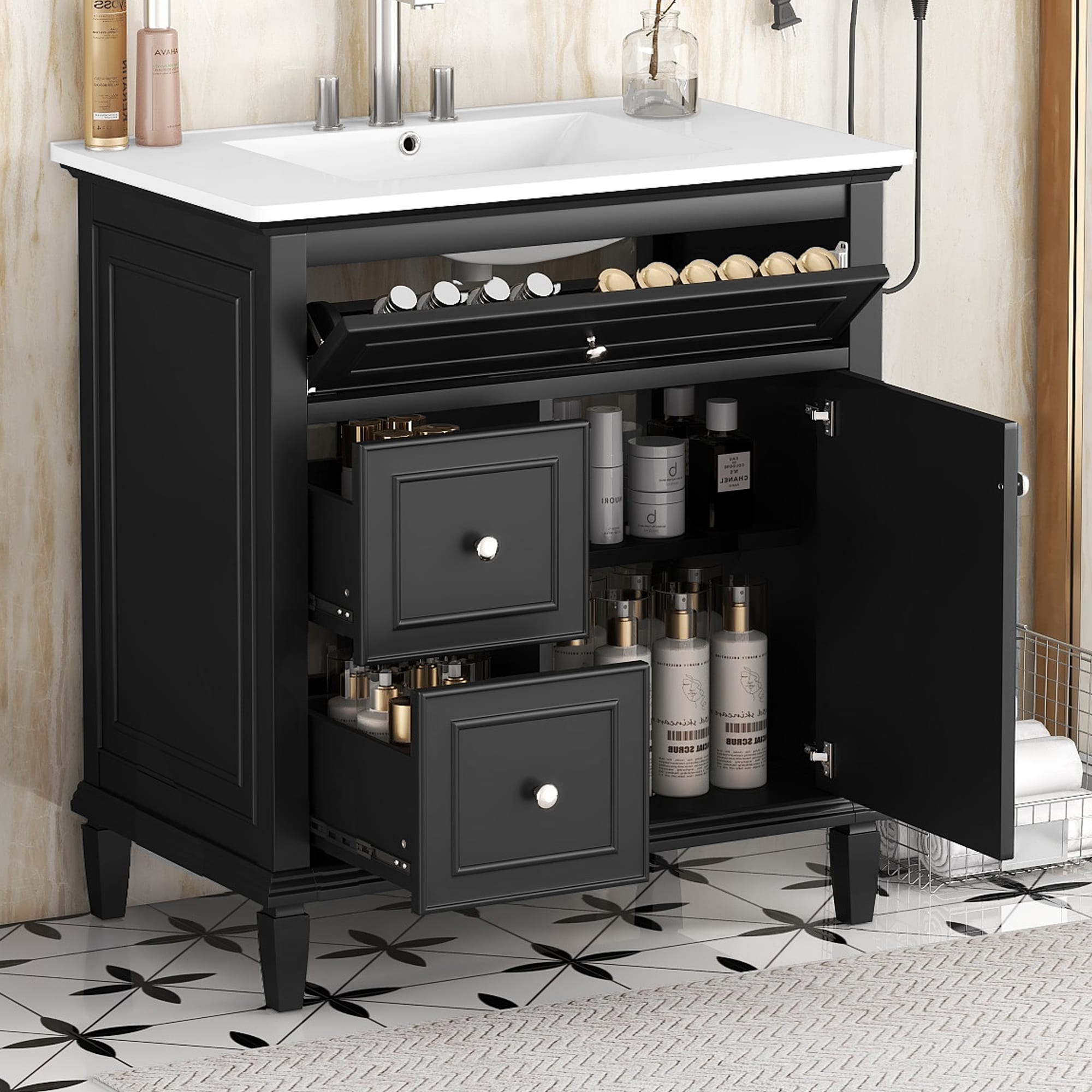 30-Inch Solid Wood & MDF Bathroom Vanity with Sink, Adjustable Shelf & 3 Drawers