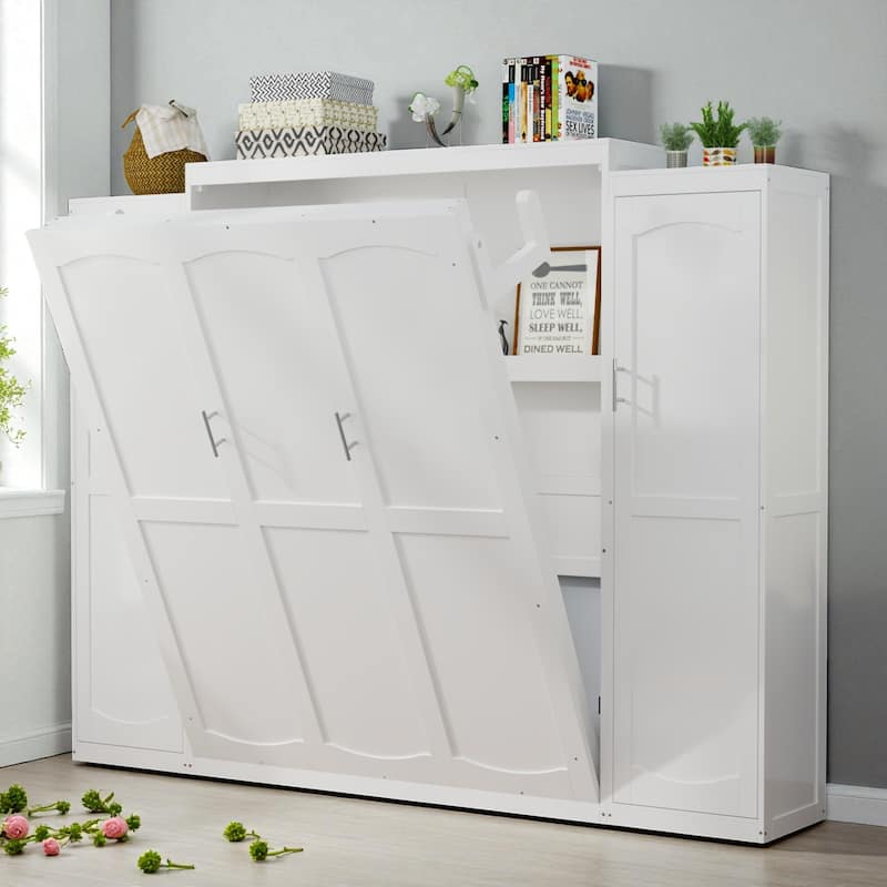 Queen Murphy Bed with Dual Wardrobes and Storage Shelf, Space-Saving Foldable Platform Bedframe for Bedrooms & Guest Rooms