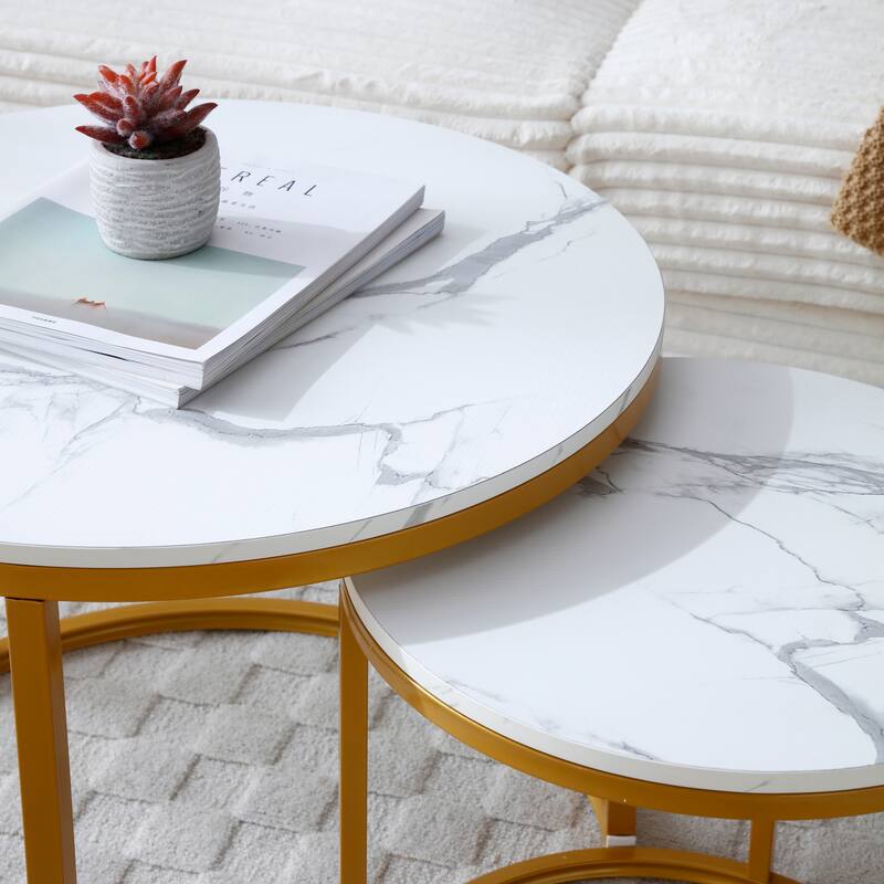 Set of 2, Coffee Table Nesting White and gray top, Golden Frame Circular Round and Marble Pattern Wooden Tables