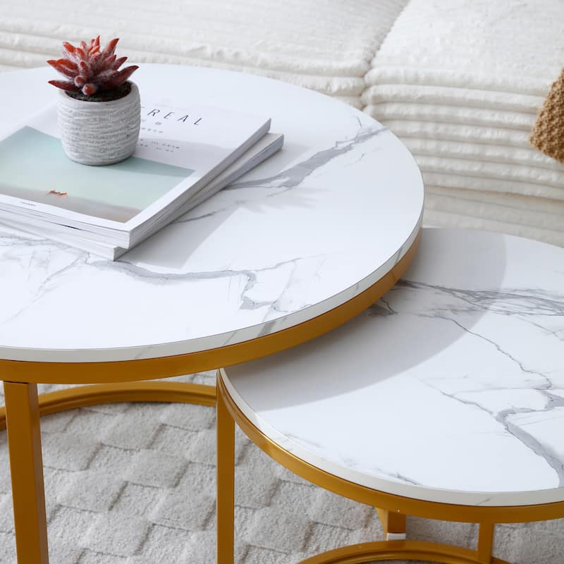 Versatile Nesting Coffee Table Set of 2 with Round Wooden Top and Metal Frame Base Modern Simple Side Table End Table Nightstand