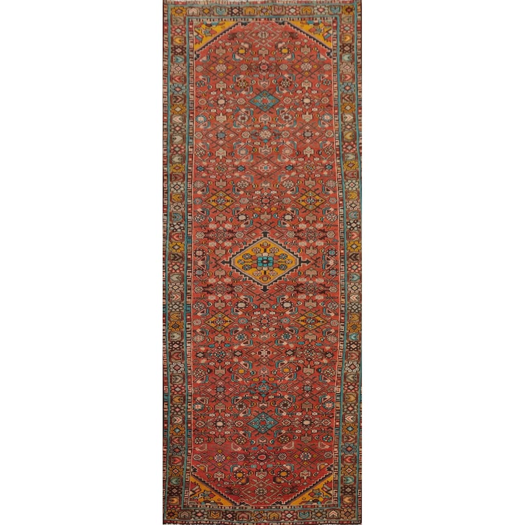 Hand Knotted Oriental 100% Wool Carpet Traditional Geometric Oranges & Rust Hamedan Runner Rug - 10' 4'' X 3' 7''