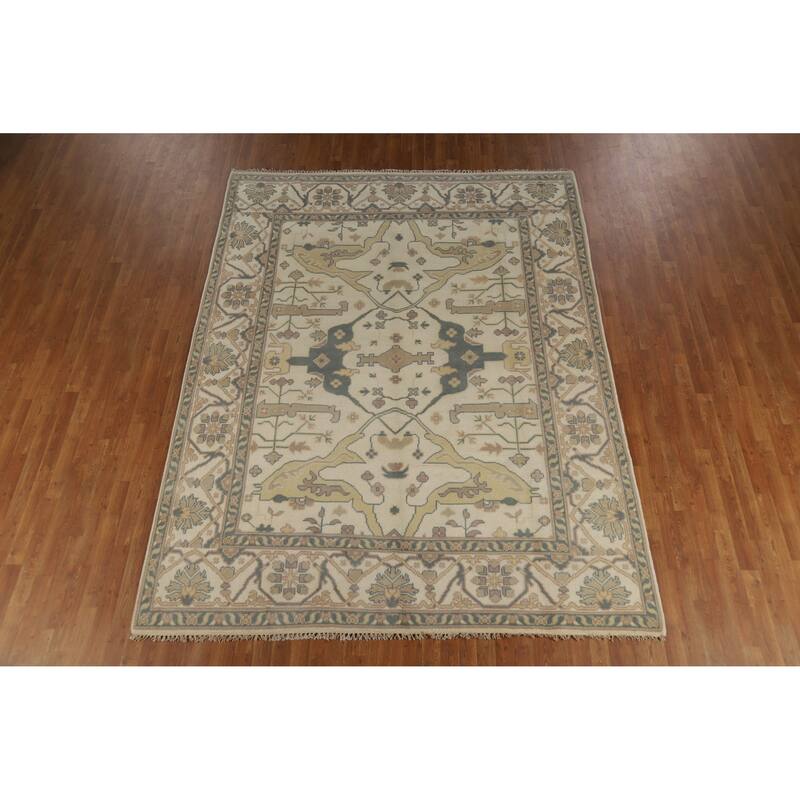 Earth Tone Oushak Indian Area Rug Hand-Knotted Wool Carpet - 7'11" x 10'3"