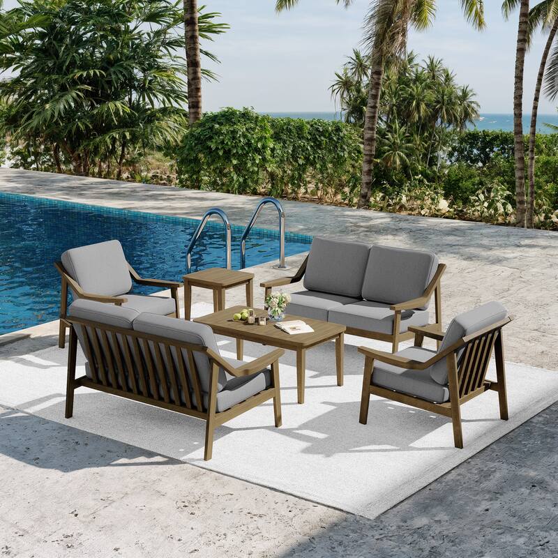 6-piece Adirondack Teak Patio Armchairs Loveseat Seating Conversation Set