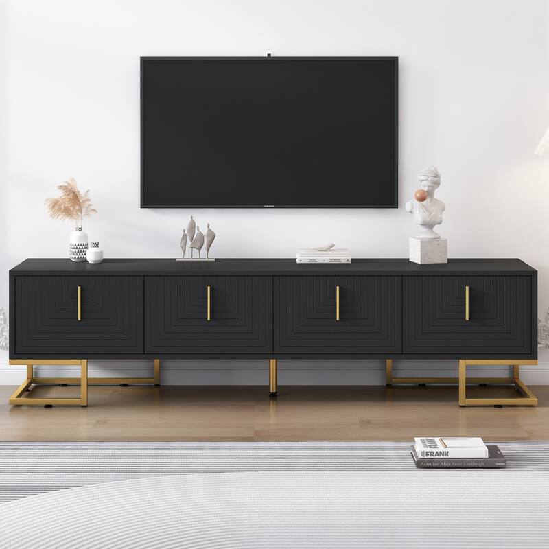 Geometric Lines TV Stand with Metal Legs, Gold Handles for TVs Up to 80", Wood Media Console Table w/ Cabinets for Home