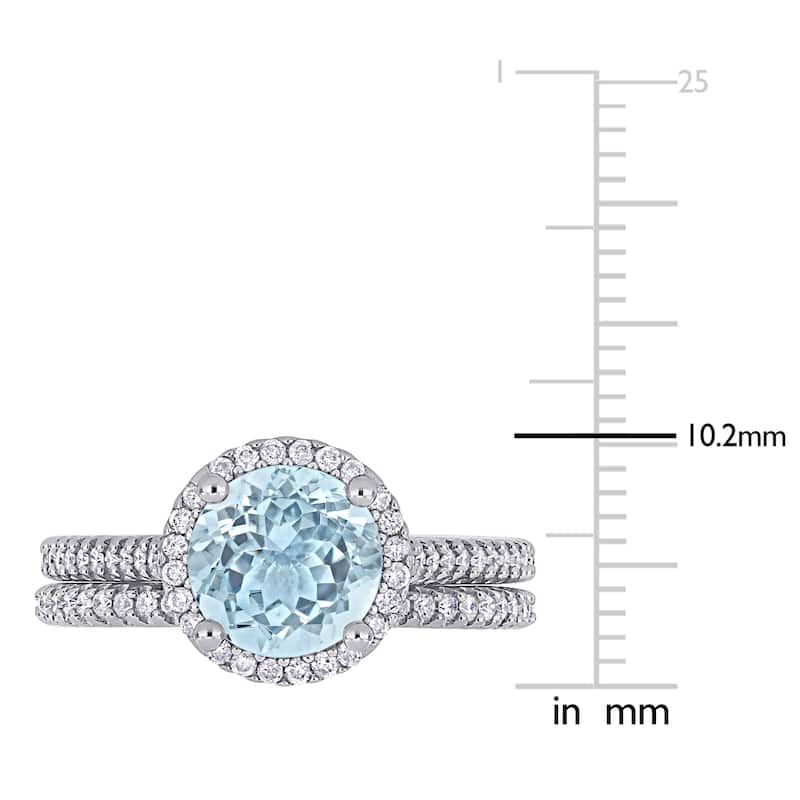Miadora 14k White Gold Aquamarine and 1/3ct TDW Diamond Halo Bridal Ring Set