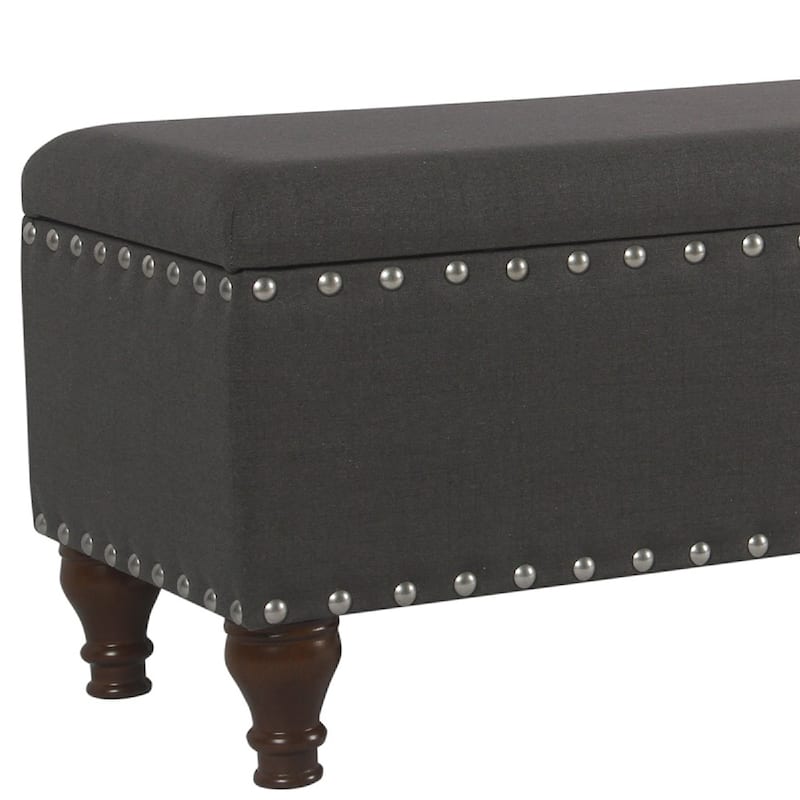 Fabric Upholstered Wooden Storage Bench With Nail head Trim, Large, Dark Gray and Brown