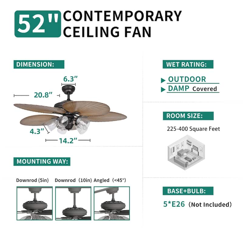 Moasis 52" Tropical Ceiling Fans with Light 5-Blade Palm Leaf