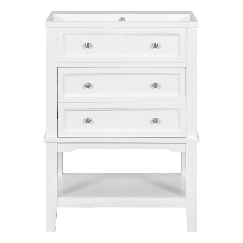 24" Bathroom Vanity With Sink, Bathroom Storage Cabinet with Drawer and Open Shelf, Solid Wood Frame, White