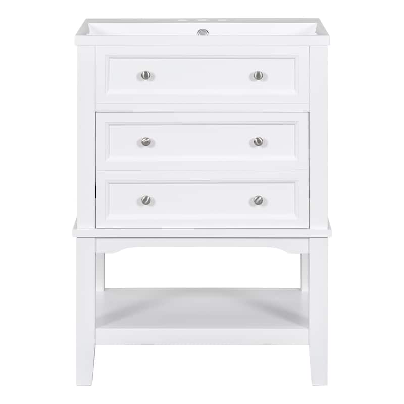 Roomfitters 24" Bathroom Vanity with Sink, Storage Cabinet with Drawer, Open Shelf, Solid Wood Frame, White
