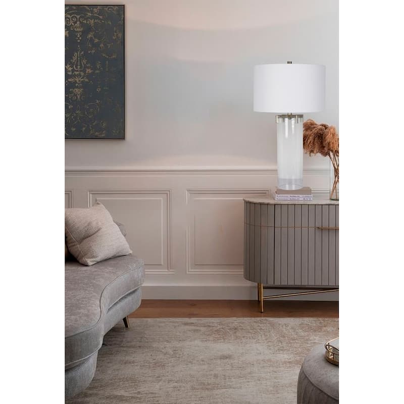 1 Light Clear Glass Base Table Lamp With A White Drum Shade