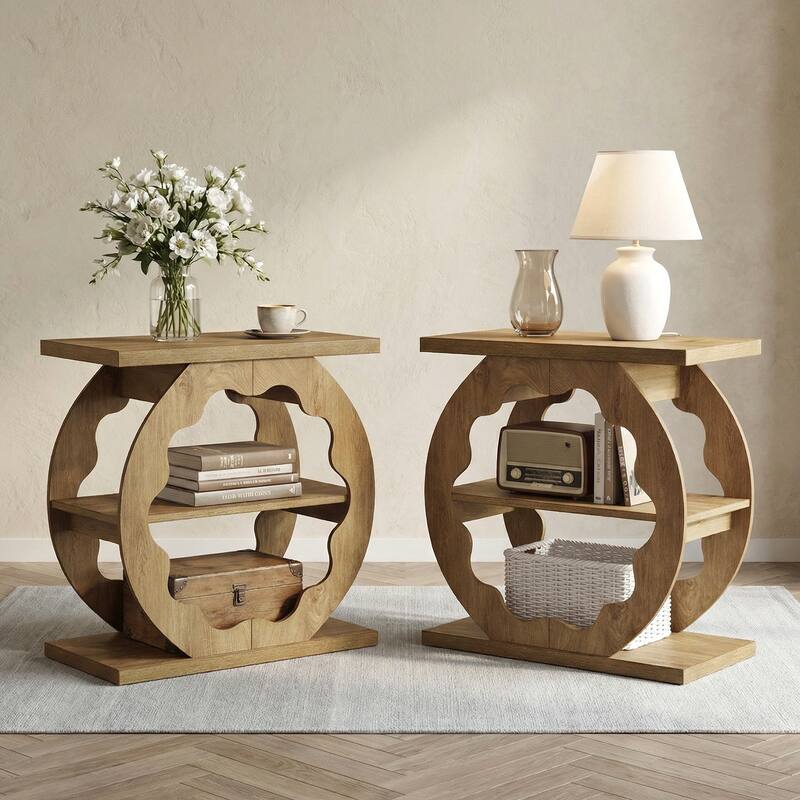 3 Tier End Side Table for Living Room, Bedroom, Elegant Curved Structure - Natural Wood（2pcs）