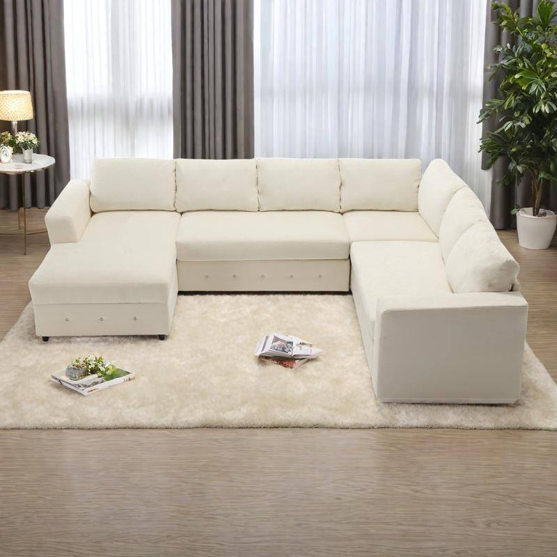 110.75" Chenille U-Shaped Modular Sectional Sofa with Chaise Storage, Crystal Buttons, and Pocket Spring Support - Beige
