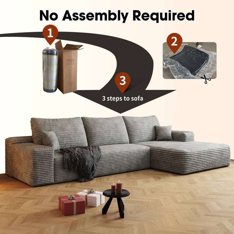 Cloud Sectional Couch with L-Shaped Chaise, Modular 3 Seat Corner Sectional Sofa, Corduroy Upholstered Sleeper Sofa