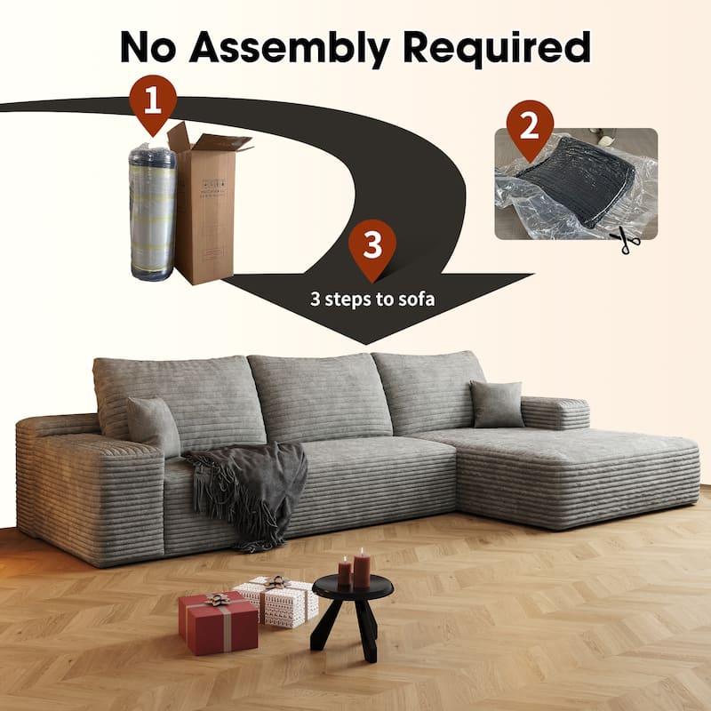 Corduroy Deep Seat Couch L-shaped Sectional Sofa with Chaise Lounge