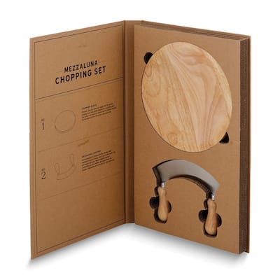 Curata Stainless Steel Mezzaluna Chopper with Rubber Wood Cutting Board Set