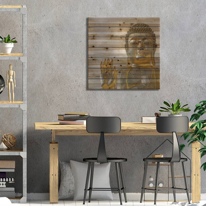 Silver And Gold Buddha Print On Wood by Tom Bray - Multi-Color