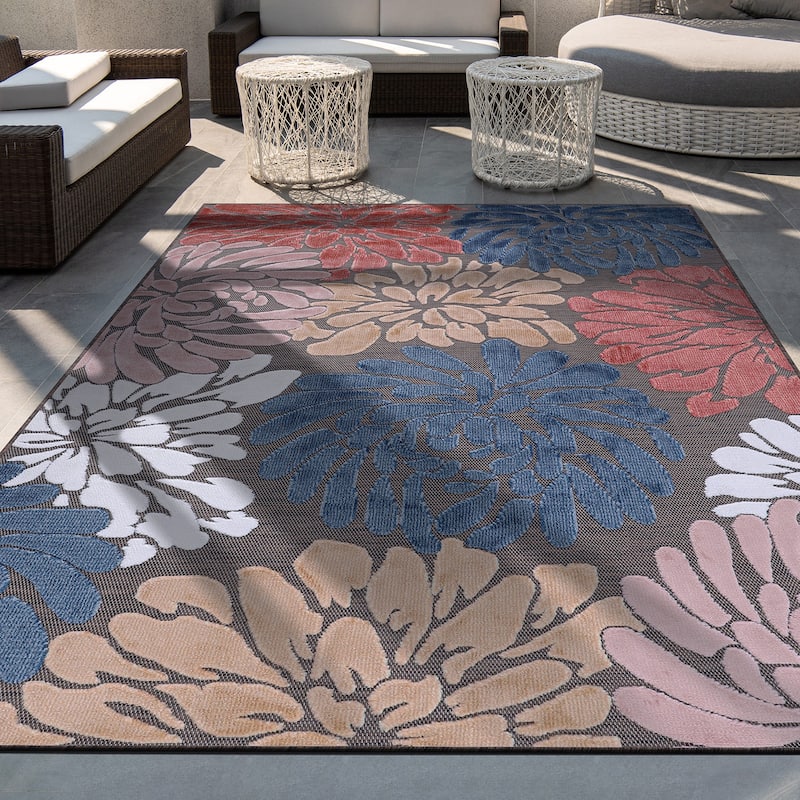 VILLADECOR Floral Indoor Outdoor Area Rug Low High Pile Rugs For Patio - 7'10" x 10' - Brown / Multicolor