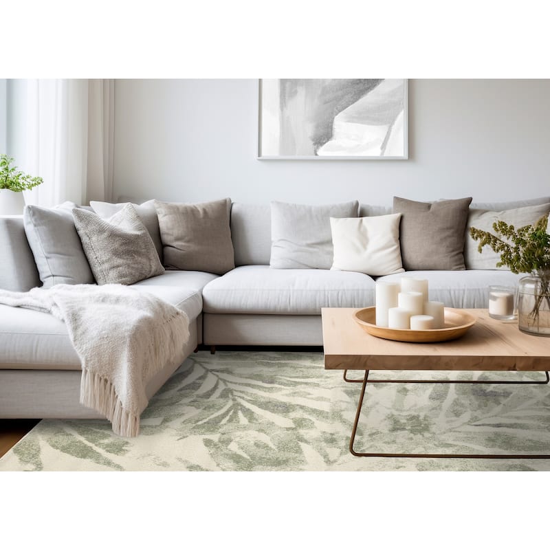 Cream Green Subtle Leaves Indoor Area Rug