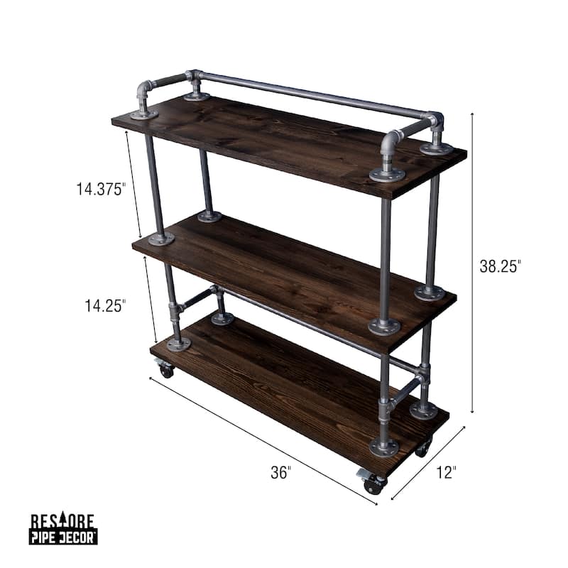 Restore by PIPE DECOR Industrial 3 Tier Solid Wood & Steel Pipe Bar Cart with Wheels