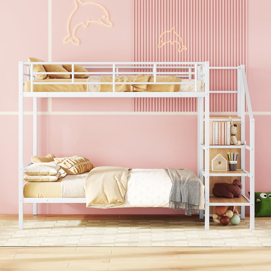 Full Over Full Metal Bunk Bed with Lateral Storage Ladder & Wardrobe