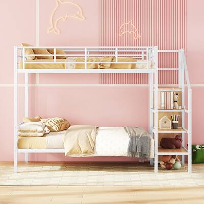 Full Over Full Metal Bunk Bed with Lateral Storage Ladder and Wardrobe,