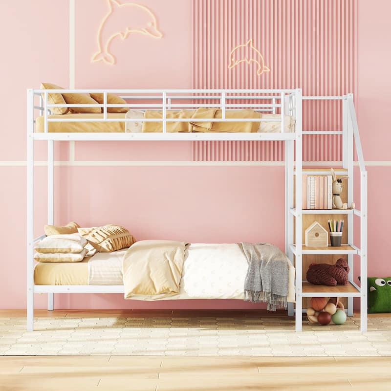 Metal Bunk Bed with Storage Ladder & Wardrobe