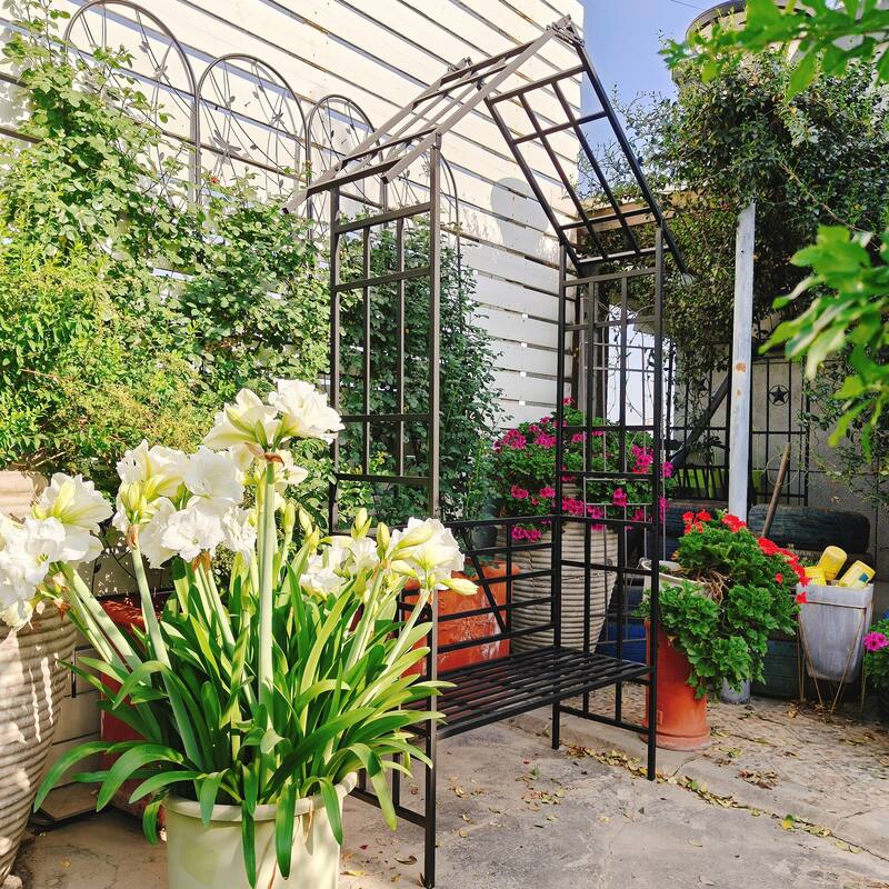 Anmytek Black Metal Garden Arch with Bench and Flower Stand for Climbing Plants Rose Arbor