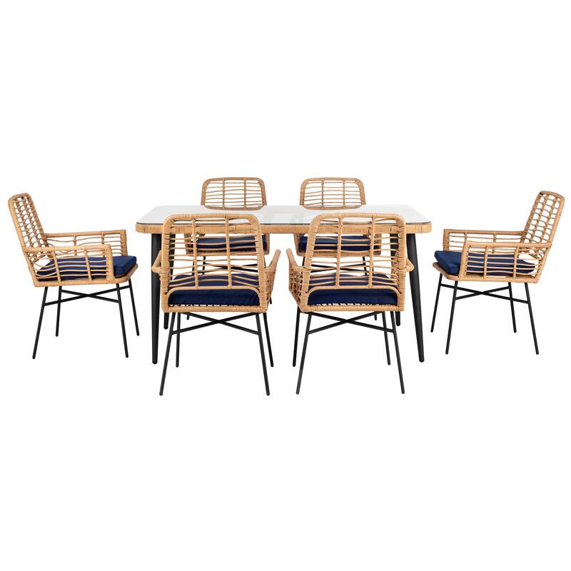 SAFAVIEH Outdoor Akeelah 7-Piece Dining Set - 59Wx36Dx29H - Natural/Navy Cushion