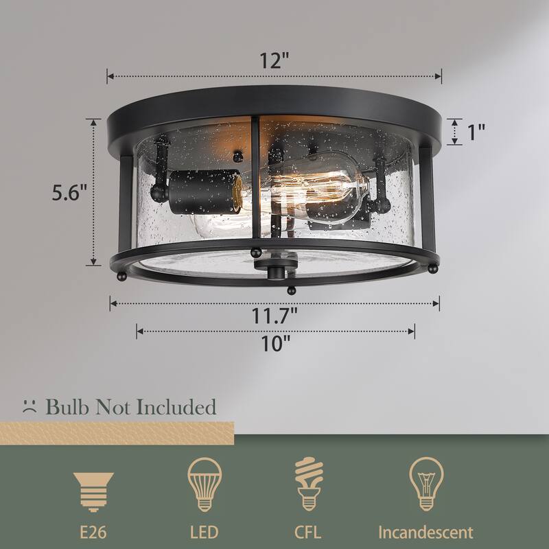 2 Light Flush Mount Ceiling Light Matte Black Finish with Seeded Glass - 12" x 12" x 5.6"(L x W x H)