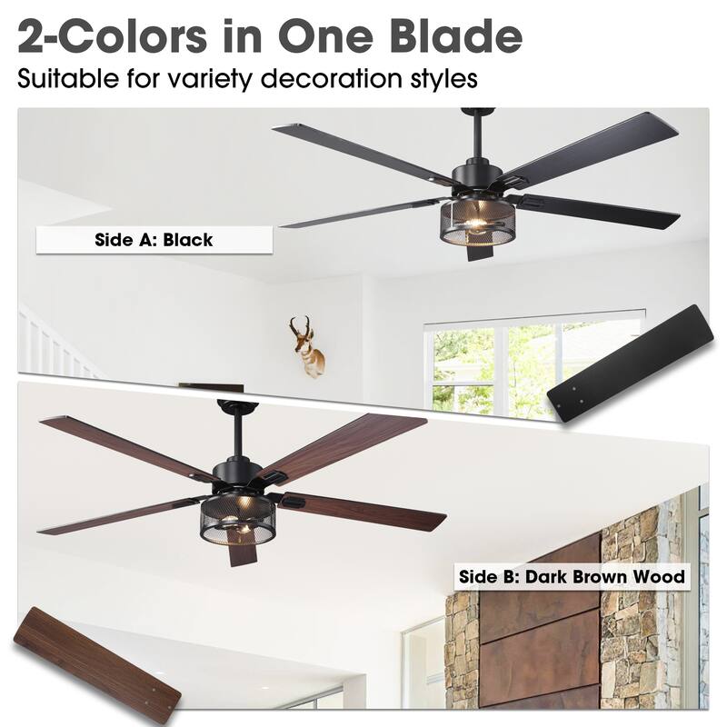 Vaczon 60" Black Reversible Wood 5-Blade Smart Ceiling Fan with Light and APP Control