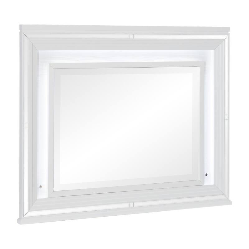 Wooden Frame Mirror with LED and Mirror Trim Accents, White